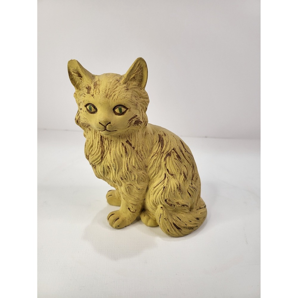 Vintage Ceramic Cat Figurine Long Hair Yellow Brown Textured Seated Statue 6in